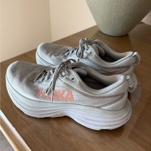 Hoka Bondi 8 in Gray and Corral Running Shoes